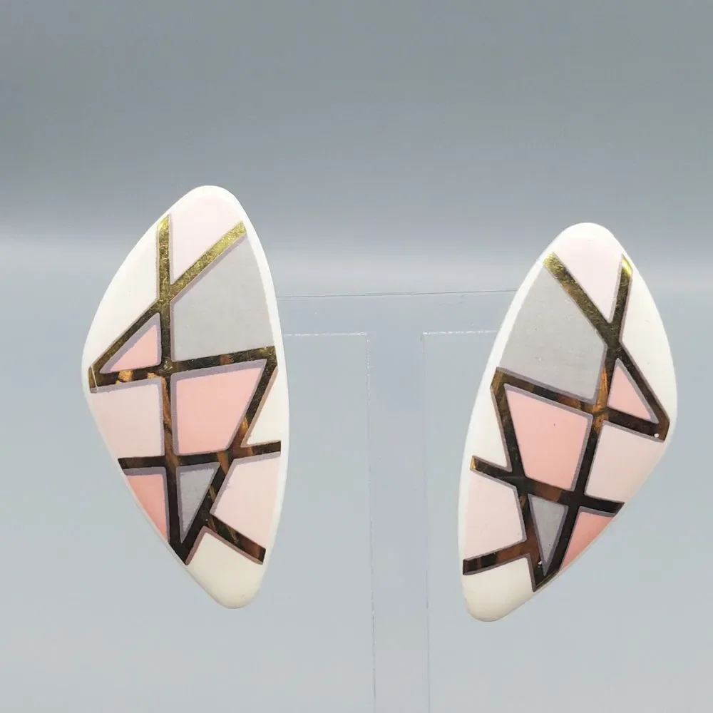 Vintage Ceramic Earrings Clip On Cream Pink Purple Gold Tone Trim Geometric - Picture 1 of 7